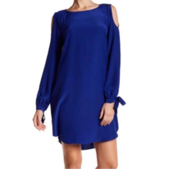 NEW Amanda Uprichard Royal Blue 100% Silk Long Sleeve Cold Shoulder Dress Large - Picture 1 of 11